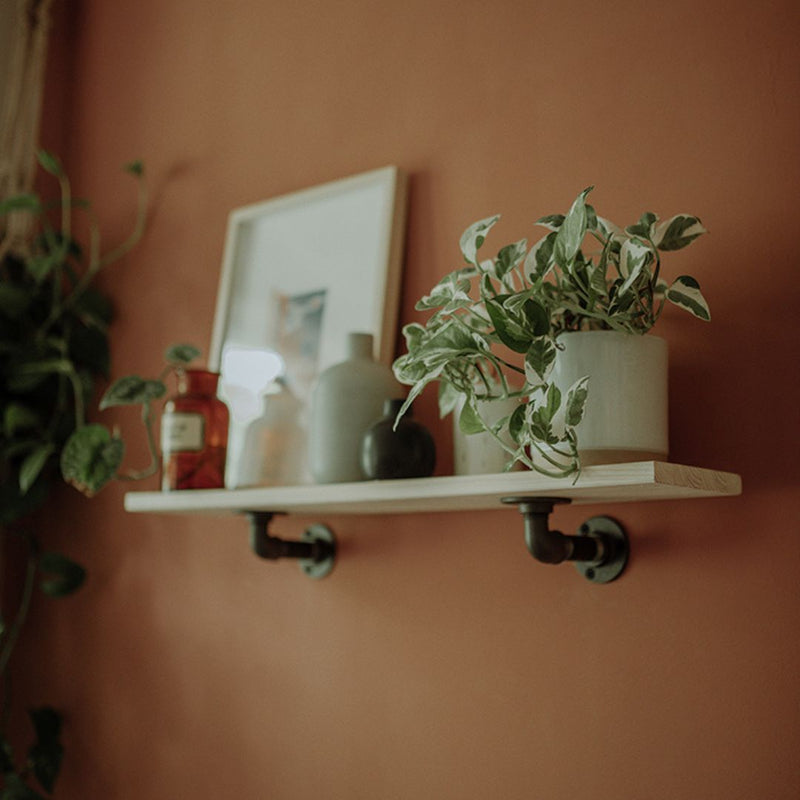 Small wall mounted shelf attached with dark water pipes for decorations and pictures