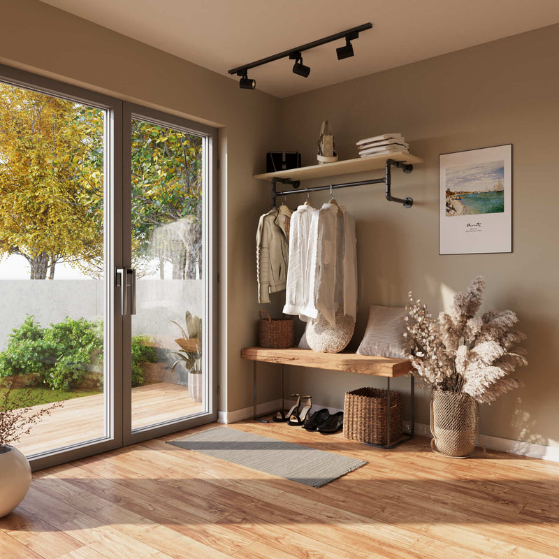 modern entrance area design using industrial water pipes to hang jackets with wooden shelf on top