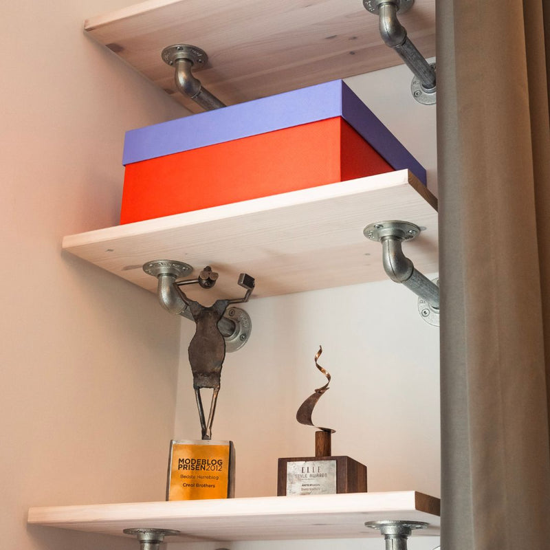 wall mounted shelves made from silver water pipe supports strong and sturdy with wooden shelf