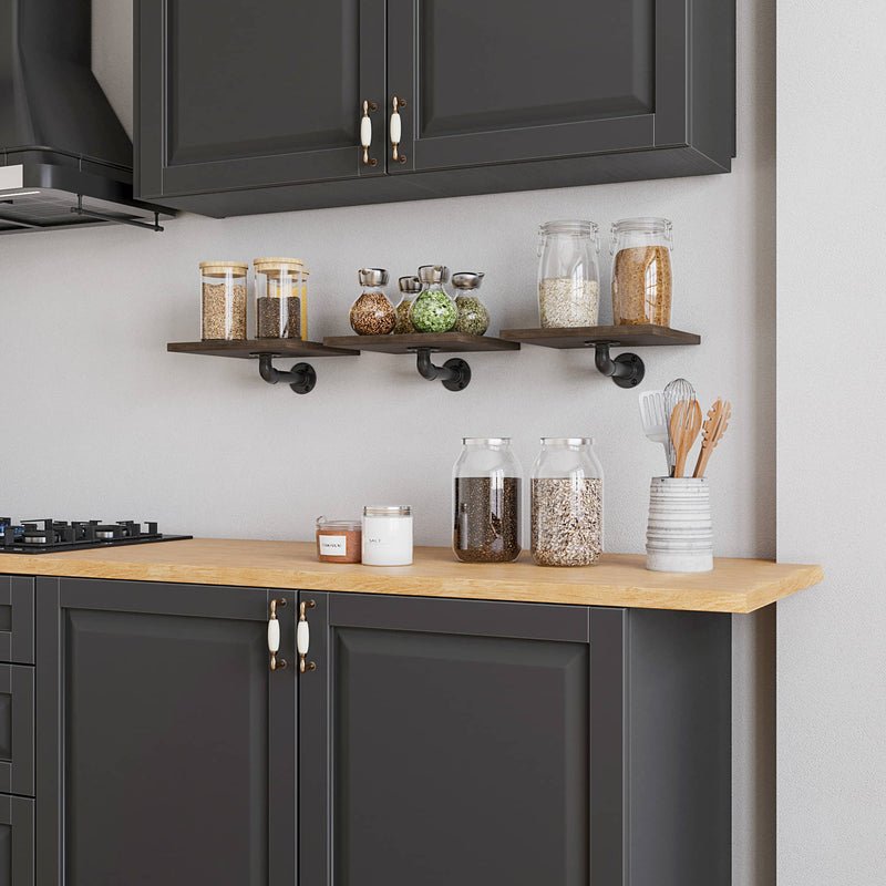 creative kitchen set up with square wooden shelves for spices over the counter industrial design